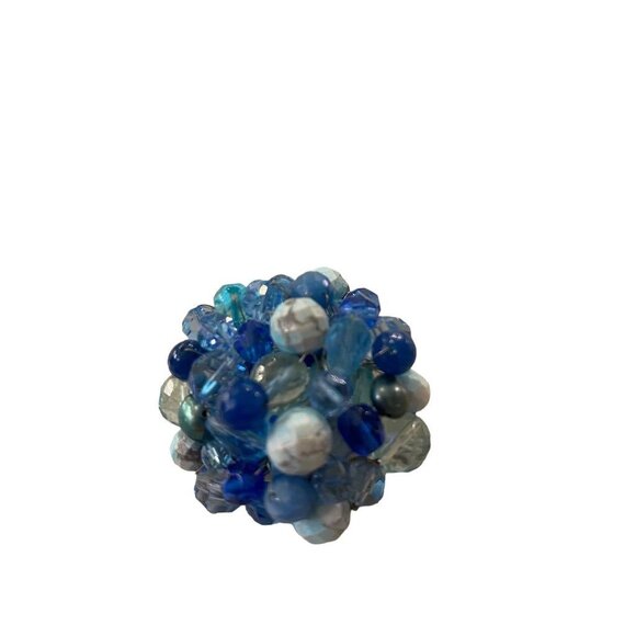 Mixed Blue Tones Beaded Cluster Brooch Statement 2.5" Diameter Pin - Picture 11 of 12